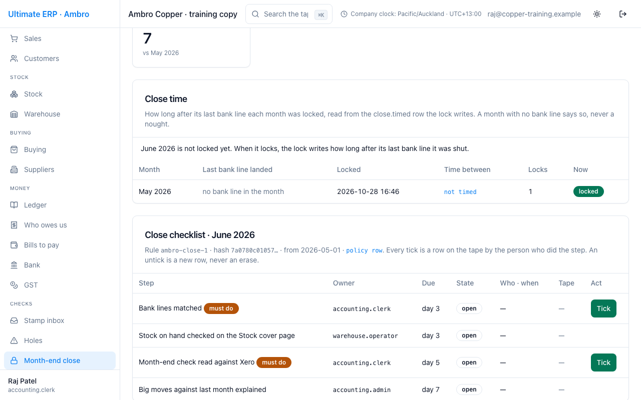 Month-end close: checklist, prepare, review, lock.